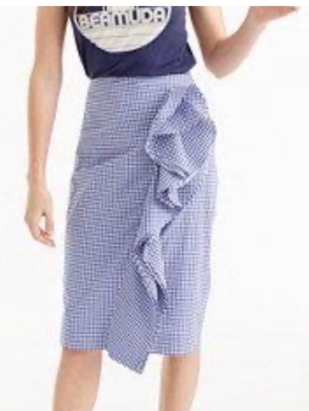 J. Crew Royal Blue and White Preppy Gingham Ruffle-Trim Pencil Skirt - Picture 8 of 8